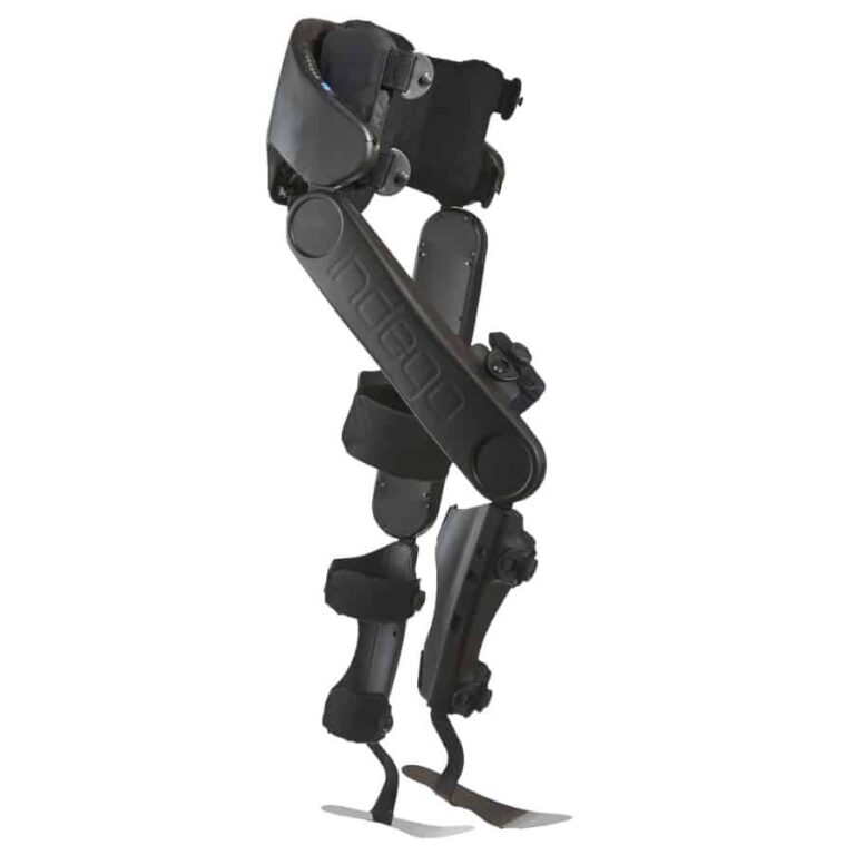 The Indego Exoskeleton has a frame that extends from the hips to the feet