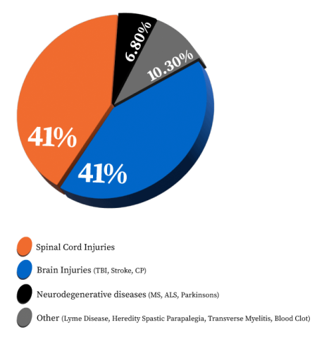 PTW_PieChart_Stylized A colorful pie chart represents the clients that Push to Walk serves, with 41% spinal cord injuries and 41% brain injuries, among many other conditions.